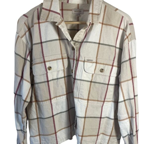 Brixton Bowery Cream/Tan Block Plaid Straight Hem Long Sleeve Flannel Sh… - Picture 1 of 10